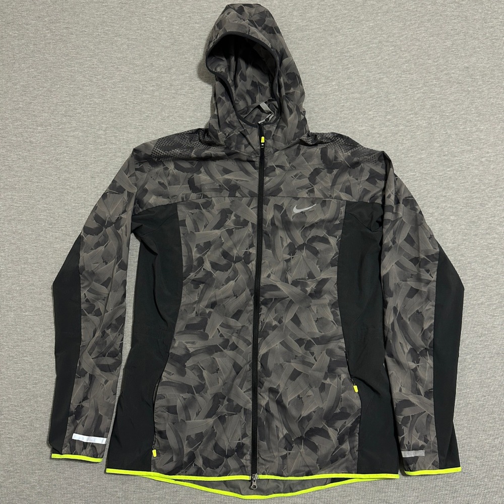 Nike Running Jacket Feather Print Full Zip Hooded Gray Black Womens Size Large